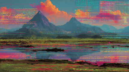 Data - Visualizing AI Creating Surreal Landscapes of Flowing Information and Encrypted Code Mountains for Tech Background