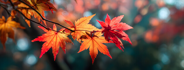 beautiful maple leaves in autumn sunny day in foreground and blurry background in kyushu, japan. no 