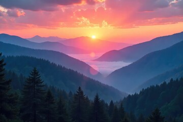 Naklejka na meble Serene sunrise over misty mountains, conveying a sense of peace and spiritual awakening Perfect for meditation, yoga, or mindfulness themes , calm, Islam, Christianity