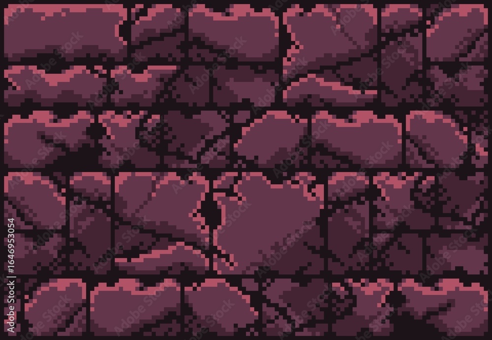 Pixel art 2D brick dark red wall texture with shadowing and ruined. Red ...
