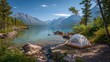 © Ivan - A tent is set up by a crystal-clear lake surrounded by towering mountains and dense forests. The sun shines brightly, creating a peaceful atmosphere for camping enthusiasts