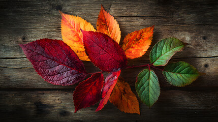 Wall Mural - vibrant autumn leaves in shades of red orange and green lie on a rustic wooden surface creating a be