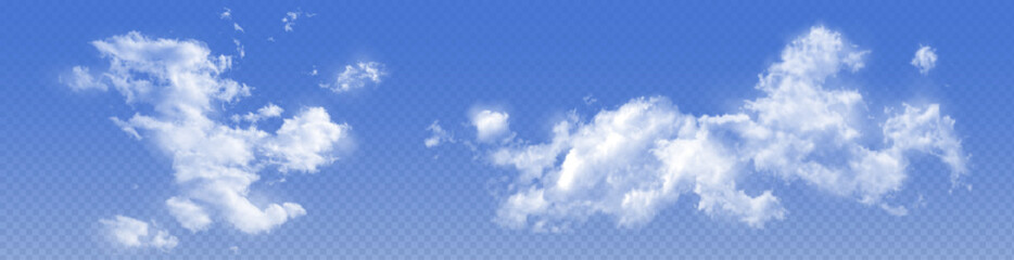Wall Mural - Realistic white cloud formations on transparent sky background - fluffy cumulus shapes with soft edges floating in blue heaven atmosphere for weather forecast, nature scene or digital composition.