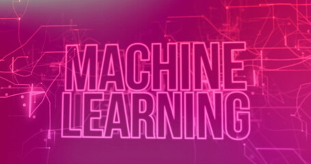 Wall Mural - displaying bold machine learning text on pink-magenta virtual interface, with neon circuit motifs