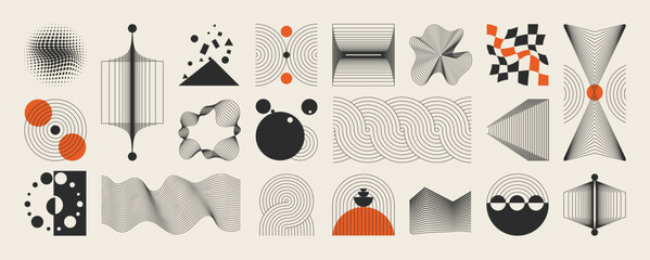 Wall Mural - Abstract minimal element mid century vector set. Aesthetic contemporary stripe line art, vintage geometric shape,halftone in monochrome and orange. Atomic age Art form design for wall art, decoration.