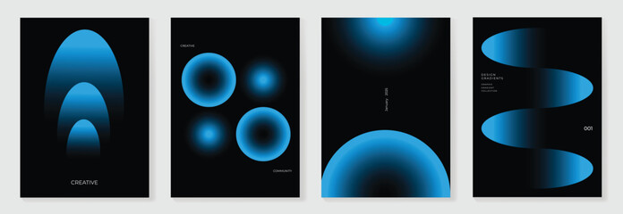 Wall Mural - Modern gradient poster on dark background vector set. Cover template with blue perspective geometric shapes different. Modern Design for wall art, flyers, brochures, covers and web banners.