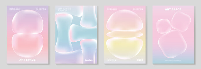 Wall Mural - Modern gradient liquid glass poster background vector set.Cover template with perspective geometric prism shape. Ideal design for social media, cover, banner, wallpaper, promotion, ads.