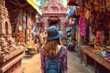 © Wida - Woman traveler walking through a vibrant marketplace.