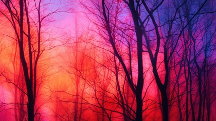 Wall Mural - vibrant sunset casting colorful hues through silhouetted trees in a serene forest landscape