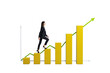 © Who is Danny - Confident businesswoman ascending yellow bar chart like stairs with upward arrow line on white background, symbolizing career growth and success