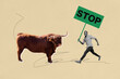 © deagreez - Template sketch trend 3D collage of environment responsibility nature care activist young man stand hold placard stop save animal beef