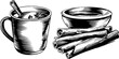 © Artem - Engraved illustration set of masala chai cup with cinnamon sticks for tea lover’s design