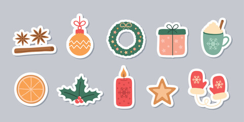Wall Mural - set of cute christmas decoration sticker isolated vector illustration