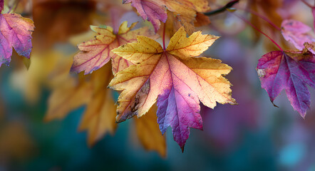 Wall Mural - close-up of vibrant autumn leaves displaying intricate details and textures against a blurred backgr