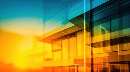 Wall Mural - modern architectural design featuring vibrant colors and reflections at sunset in an urban setting