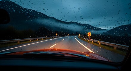 driving through mountains on a rainy night with headlights illuminating the wet road