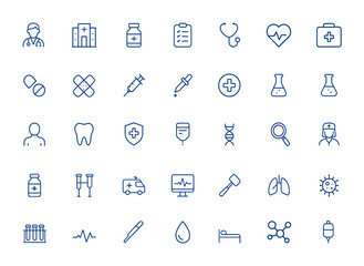 Minimal line style Medicine and Healthcare icons for web and app design. Doctor, pharmacy, check-up, medical vector illustration, health care symbols, wellness, hospital, clinic and more.