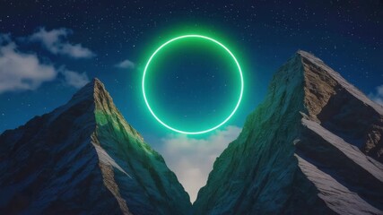 Wall Mural - green neon circle hovering gracefully between two majestic snow-capped mountains under a starry nigh