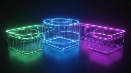 Wall Mural - three vibrant neon buildings glowing in an empty dark room, creating a captivating futuristic and su