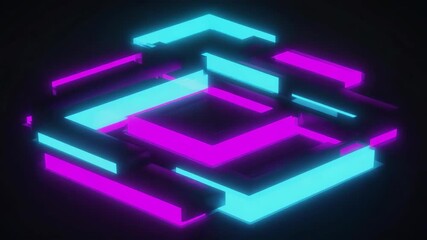Wall Mural - complex geometric structure made of overlapping neon purple and blue rectangular shapes is glowing o