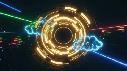 Wall Mural - two neon clouds are orbiting a futuristic portal with data streams shooting across the dark backgrou