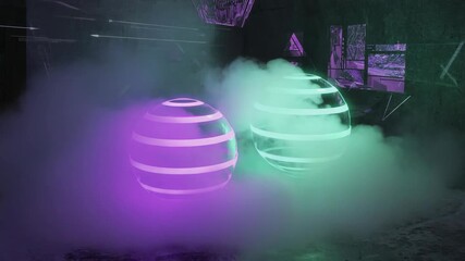 Wall Mural - two vibrant, glowing spheres emit an ethereal light in a dark, smoky room with a futuristic, abstrac