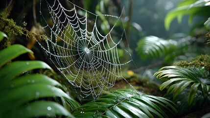 Intricate Spider Web Glistening with Dew Drops Among Lush Green Leaves in a Rainforest