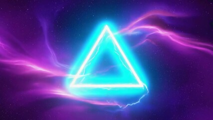 Wall Mural - glowing blue neon triangle floating amidst a vibrant cosmic scene, surrounded by swirling purple and