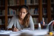 © SerPak - A young woman focused on her studies in a library, surrounded by books and papers. The atmosphere is calm and studious, ideal for learning.