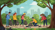 © Abdillah_ART - Four people clean up litter in a park, collecting trash into recycling bags.