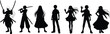 © Hasib World - Silhouette characters, warrior poses, fantasy figures, sword fighters, anime style, dramatic stance, costume design, concept art, mysterious shadows, illustration pack