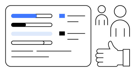 Dashboard interface with progress bars, checklist items, abstract user icons, and a thumbs-up symbol. Ideal for workflow management, teamwork, feedback, productivity, analytics user engagement