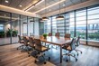 © MDSagor - Modern conference room with wooden table, ergonomic chairs, and city view through floor-to-ceiling windows — ideal for business meetings, corporate interiors, and professional workspace stock content