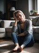 © BNMK0819 - Emotional struggles a tired person in solitude facing migraine and stress in a dimly lit living room capturing pain and despair