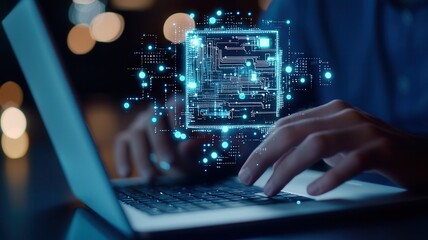 Tech professional coding advanced software on laptop, maximizing workflow potential within digital workspace featuring sleek contemporary infrastructure