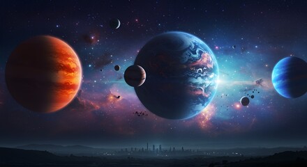 Wall Mural - Vast cosmic expanse with multiple planets and nebulae, showcasing a distant city skyline under a starry sky
