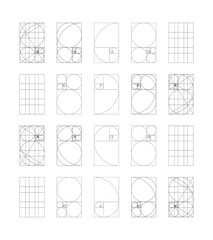 Big set of Golden ratio template. Fibonacci array, numbers form. Method golden section simple samples. Harmony proportions flat black frames. Outline graphic thin printable illustration. Golden Spiral