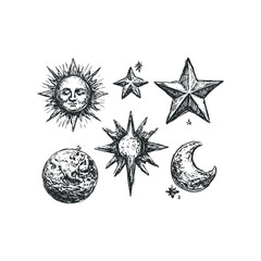 Wall Mural - Hand-drawn celestial bodies including a face sun, moon, and stars