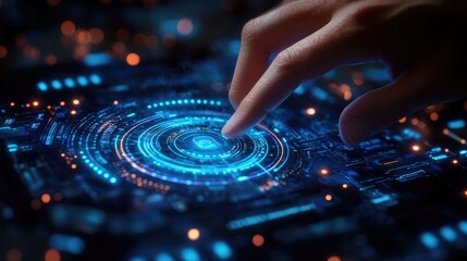 Wall Mural - Human Finger Interacting with Futuristic Blue Digital Interface with Orange Bokeh Lights