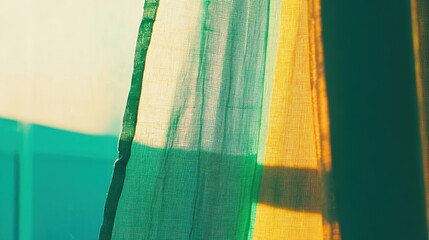Abstract Green and Yellow Sheer Curtain with Sunlight and Window View