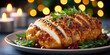 © Марина Сухина - A beautifully roasted turkey breast, sliced and garnished with herbs, served on a black plate. Soft bokeh lights create a warm Christmas atmosphere.