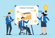 © Premium Shop - Vector illustration of colleagues brainstorming product features on whiteboard with sticky notes innovative design