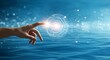 © Krism - A hand reaches out to touch a glowing digital interface, set against a water background.