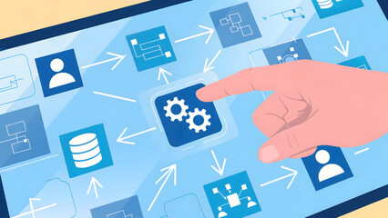 Hand interacting with digital interface on a tablet displaying workflow diagram and icons