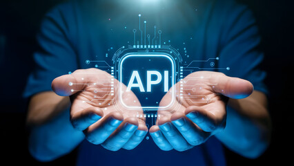 Api concept presented with hands holding a glowing interface in a dark blue environment