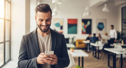 Casual businessman smiling while using his smartphone in a modern, sunlit office