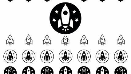 Wall Mural - Illustration displaying multiple rocket ship icons in various designs and arrangements on a white background