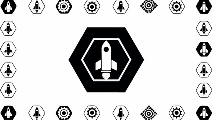 Wall Mural - Illustration featuring a central rocket icon within a hexagon bordered by various smaller hexagon icons