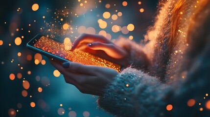 Wall Mural - woman using a smartphone with glowing screen and bokeh lights creating a magical and futuristic atmo
