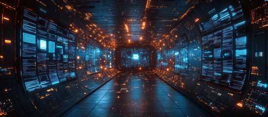 Wall Mural - futuristic data tunnel with glowing screens and digital information.